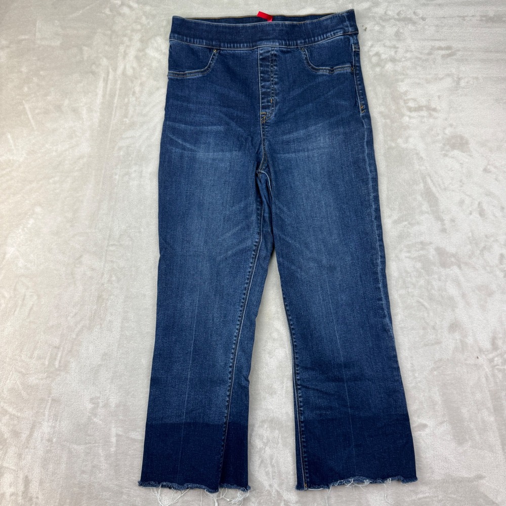 Spanx Flare Jeans Womens Large Blue Raw‎ Hem Pull On High Waist Stretch Dip Dye